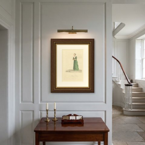 Lady of Rotterdam in a Green Gown, Antique Ackermann Print, 1817, shown framed on a wall