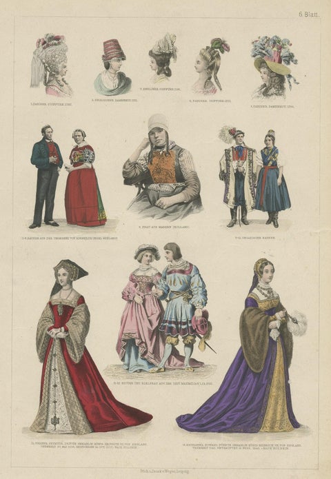 Decorative Print of Costumes of Hungary, England, Germany Holland Etc., C.1875, close-up 1