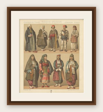 Pl. 76 Antique Print of European Turkish Costumes by Racinet, 'circa 1880', shown framed