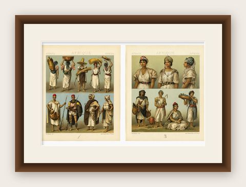 North African Costumes & Figures, Racinet Afrique Plates, Set of 2, 1888, shown framed