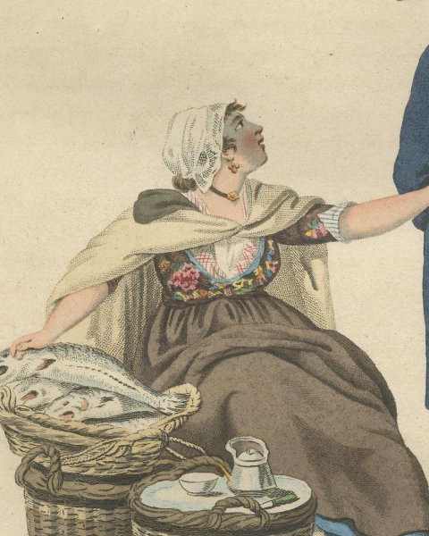Fishwife asking an Extra Stuiver, Dutch Costume Print, 1811, close-up 1