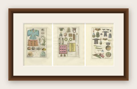 Set of Three Antique East Asian Costume & Arms Plates, Ferrario, 1815, shown framed