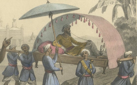 Indian Costumes, Bramin Couple, Bayadères and Nabob in Palanquin, c.1845, close-up 2