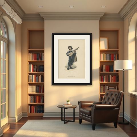 Antique Costume Print of a Lute Player from Holland, c.1880, shown framed in a room