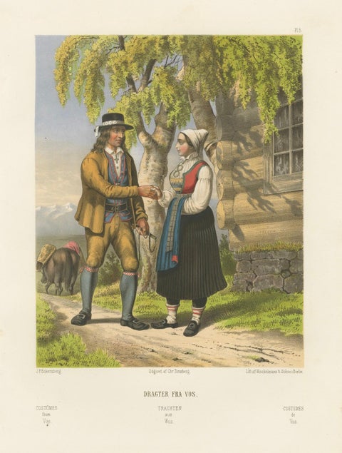 Norwegian Country Attire, Vos Folk Dress, Antique Chromolithograph, c.1860, close-up 6