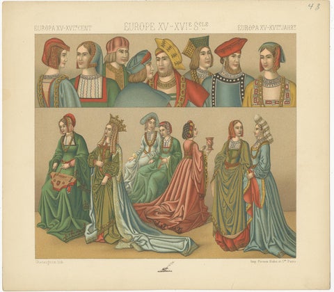 Pl. 43 Antique Print of European 15th-16th Century Costumes, Racinet, circa 1880, view 4