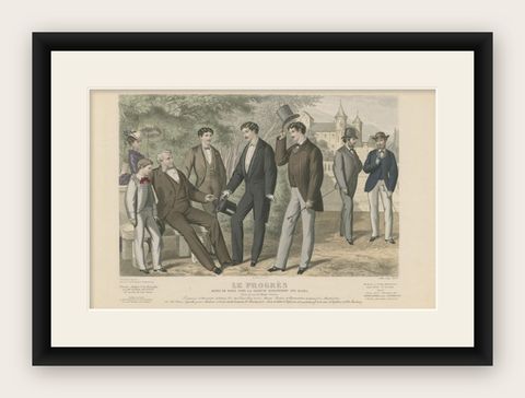 Antique Fashion Print with Gentlemen in Suites, 1874, shown framed