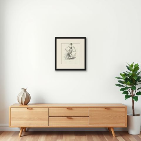 Female Dancer in Java, Antique Wahlen Costume Print, 1843-1844, shown framed on a wall