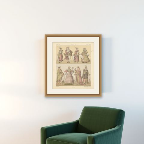 Pl. 169 Antique Print of Italian Women's Costumes by Racinet, 'circa 1880', shown framed on a wall