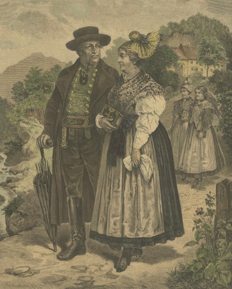 Austrian Folk Couple in Traditional Dress, Alpine Genre Scene, 19th Century, close-up 6