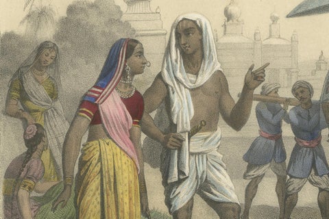 Indian Costumes, Bramin Couple, Bayadères and Nabob in Palanquin, c.1845, close-up 3