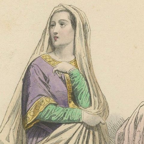 Antique Hand-Colored Fashion Print of a 9th Century Carolingian Lady, circa 1860, close-up 6