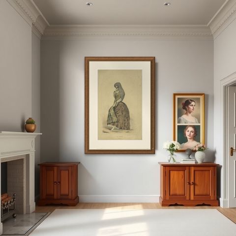 Original Antique Costume Print "La Tapada" of Lima, Peru by A.A. Bonnaffé, 1855, shown framed in a room