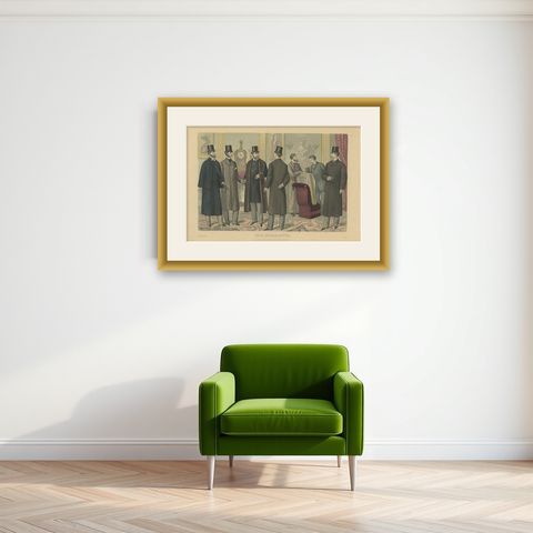 Antique Print of Fashion in February 1881 by Klemm & Weiss, circa 1900, shown framed on a wall