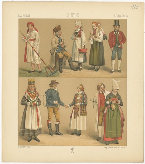 Pl. 128 Antique Print of Swedish Costumes of Racinet, 'circa 1880', view 3
