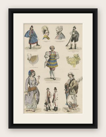 Antique Costume Print of Costumes of Switzerland, Tyrol, Asia and Others, C.1875, shown framed