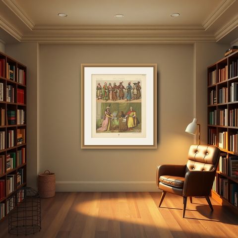 Antique Print of Polish Costumes Racinet, 'circa 1880', shown framed in a room