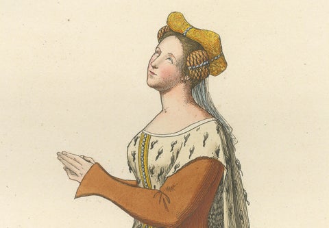 Heraldic Costumes c.1400, Antique 1845 Prints of Knight and Lady, Hand-Coloured, close-up 4