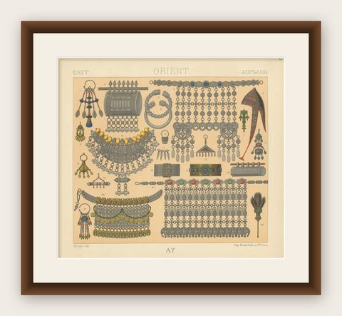 Antique Print of Eastern Jewelry Costumes, 'circa 1880', shown framed