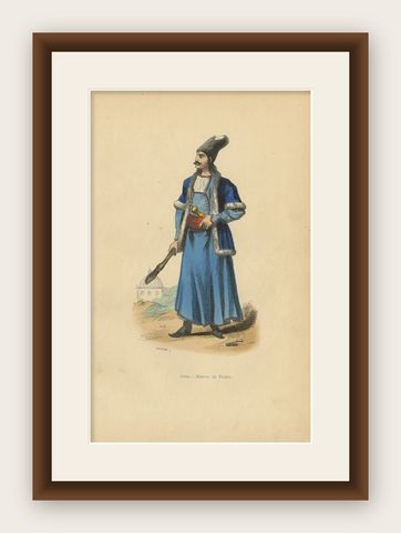Antique Print of a Persian Man in Traditional Clothing and with a Dagger, 1843, shown framed