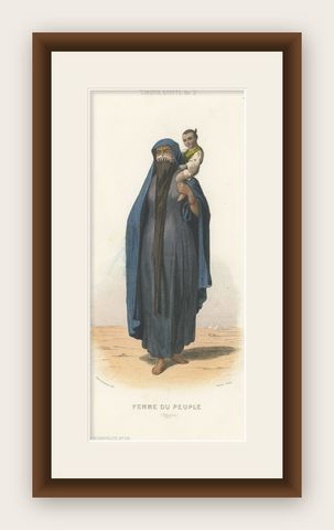 Antique Costume Print of a Woman with Child, from Egypt, 1850, shown framed