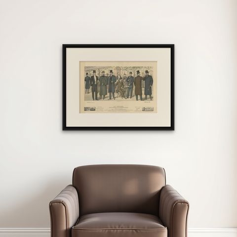 Original Handcolored Antique Fashion Print for Men, Published in October, 1898, shown framed on a wall