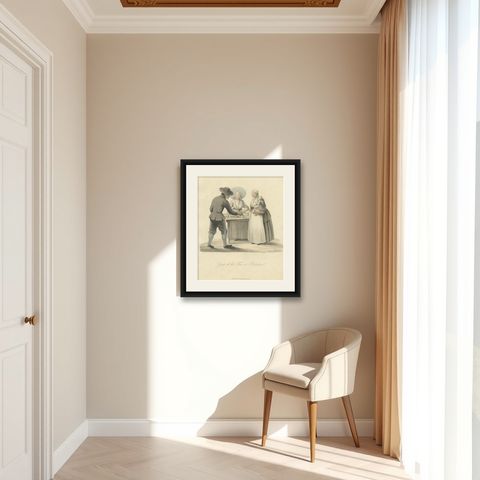Old Costume Print Showing People at the Fair in Rotterdam, The Netherlands, 1817, shown framed in a room