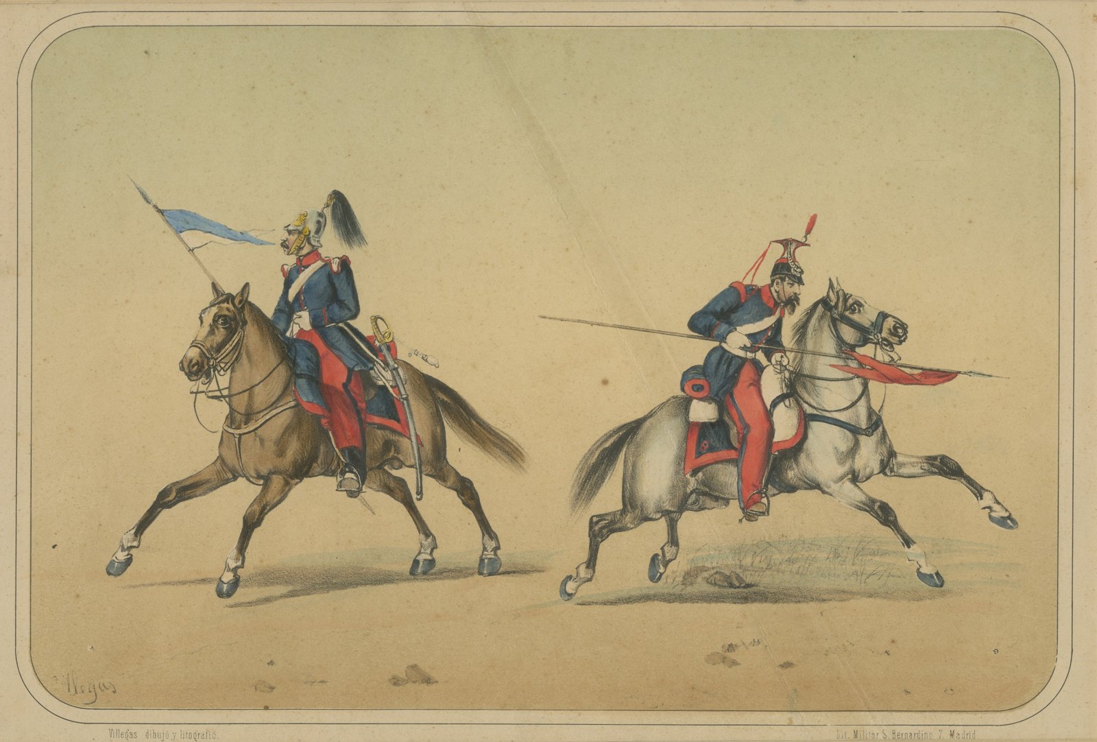 Spanish Lancers at the Charge, Villegas, Hand Colored Lithograph, 1861