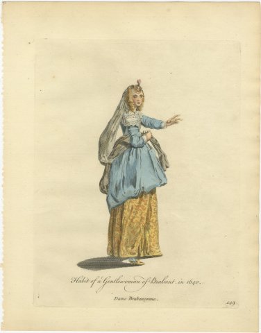 Gentlewoman of Brabant in 1640, Hand Colored Jefferys Costume Plate, 1757, view 2