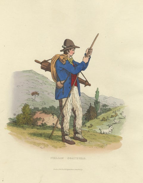 Costume Print: Italian Goatherd in the Hills, 1820s Hand-Colored Engraving, close-up 5