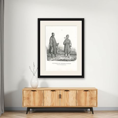 Antique Print of a Chinese Nobleman and Noblewoman by Honegger, 1845, shown framed on a wall