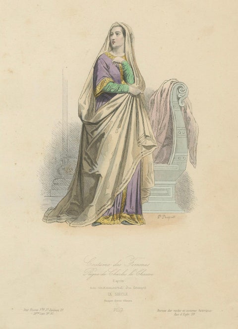 Antique Hand-Colored Fashion Print of a 9th Century Carolingian Lady, circa 1860, close-up 5
