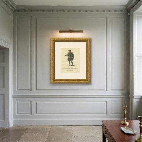 Gentleman in the Highlands of Scotland in 1745, Jefferys Costume Plate, 1757, shown framed on a wall