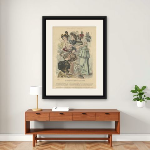 Antique Female Fashion Print by Breitkopf, 1894, shown framed on a wall