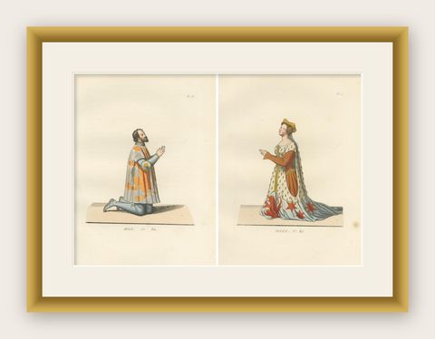 Heraldic Costumes c.1400, Antique 1845 Prints of Knight and Lady, Hand-Coloured, shown framed