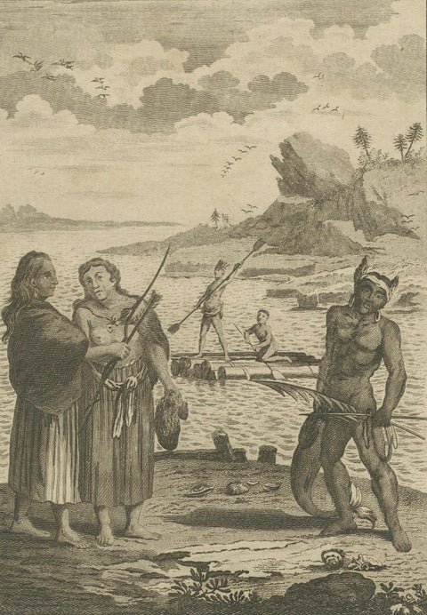 California Indigenous Dress & Fishing Rafts, Early Ethnographic Engraving 1754, close-up 5