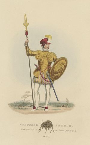 Nicely Hand-colored Antique Print of Embossed Armor, 1842, close-up 1