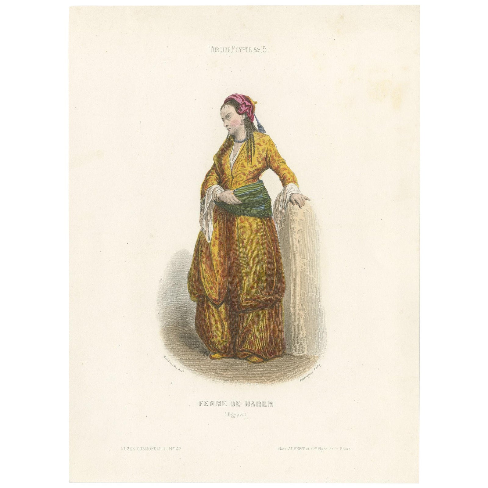 Antique Costume Print of a Harem Woman from Egypt by Aubert, 1850