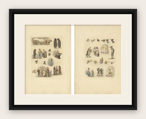 Hand-Colored Prints of Dutch and Flemish Costumes, Figures and Headwear, 1820, shown framed