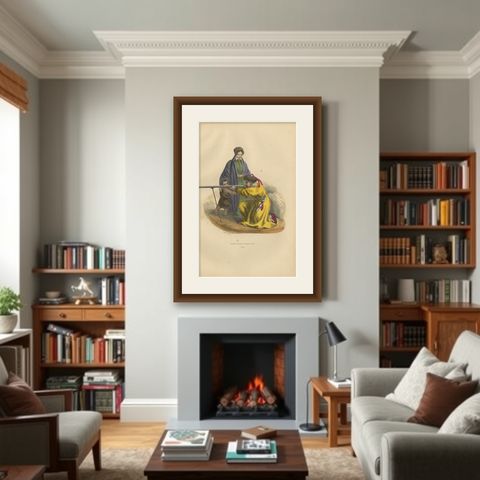 Tartar Family in Traditional Dress: 19th Century Ethnographic Illustration, shown framed in a room
