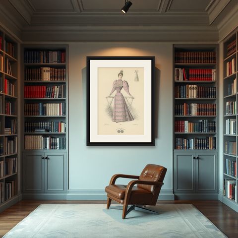 Victorian Splendor: Fashion Lithograph from the 1889 Exposition Universelle, shown framed in a room