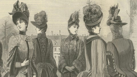 Large Antique French Fashion Plate, Winter Costumes Paris, c.1880, close-up 1