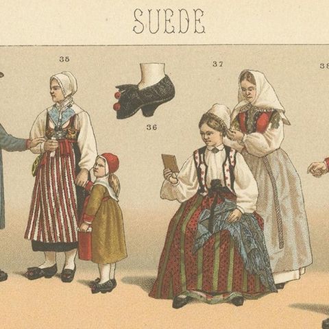 Pl. 126 Antique Print of Swedish Costumes of Racinet, 'circa 1880', close-up 1