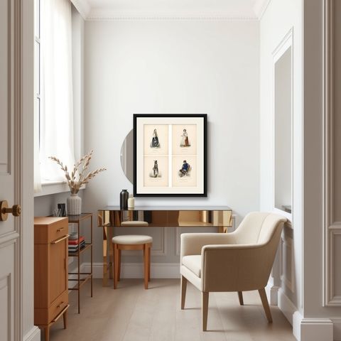 Russian Traditional Costumes and Trades, Set of Four Antique Prints, circa 1850, shown framed in a room