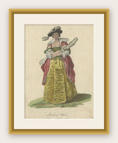 Antique Costume Print of Ruben's Wife in 1620, Published in 1805, shown framed