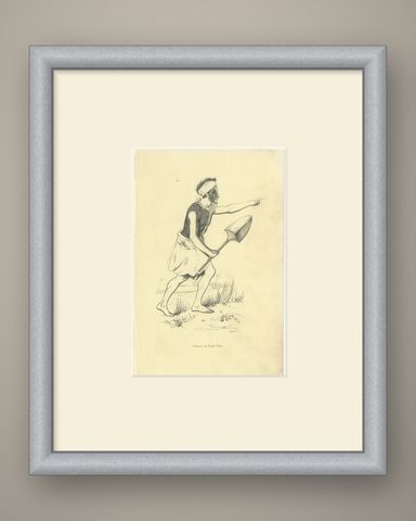 Warrior of Tonga Tabou, Antique Wahlen Costume Print, 1843-1844, shown framed