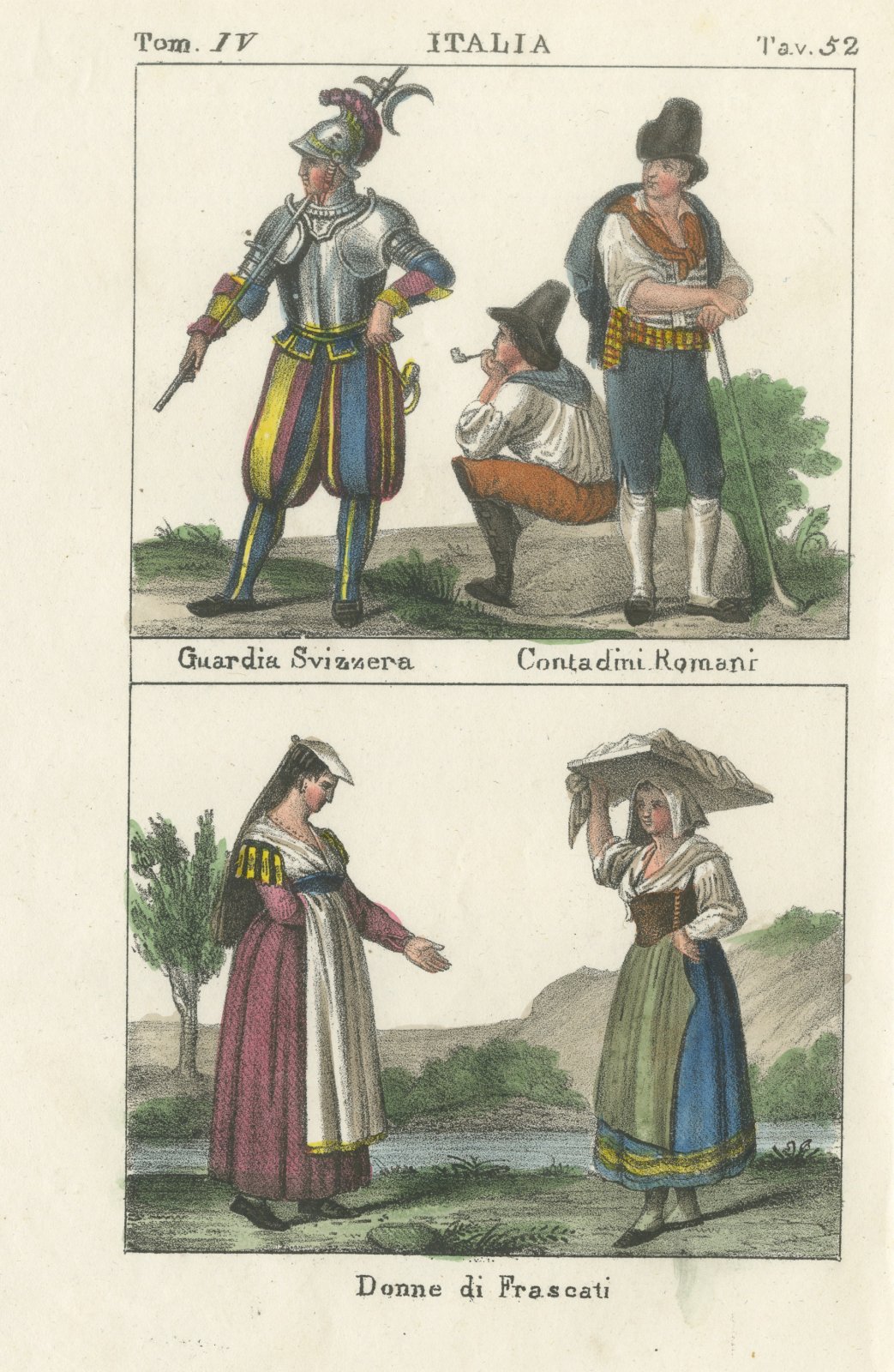 Swiss Guard, Roman Peasants and Women of Frascati, Hand Colored Lithograph, 1842