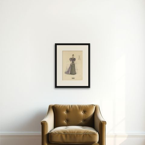 Victorian Evening Elegance: Opulent Fashion Lithograph Published in 1889, shown framed on a wall
