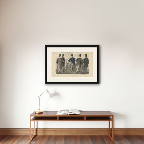 Antique Fashion Print of Men and Women Illustrating the Fashion Trends of 1865, shown framed on a wall