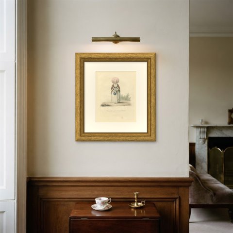 Woman near Rotterdam, Dutch Regional Dress, Antique Ackermann Print, 1817, shown framed on a wall